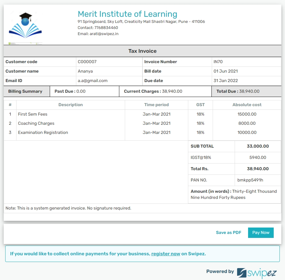 Invoice format for schools, colleges and institutes