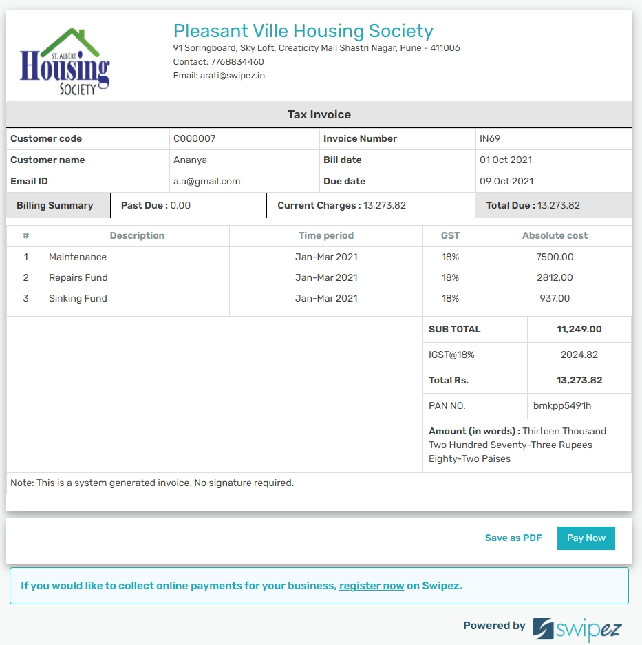 Simple and easy to understand bill format for housing society