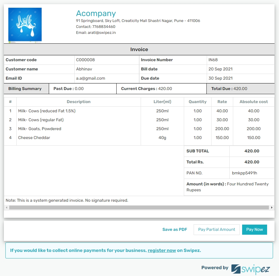 Bill format for milk and dairy business made using billing software