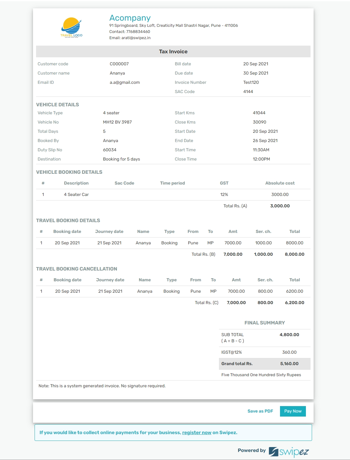 Travel and tour operator invoice format made using billing software