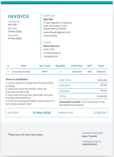 Billing app dashboard example